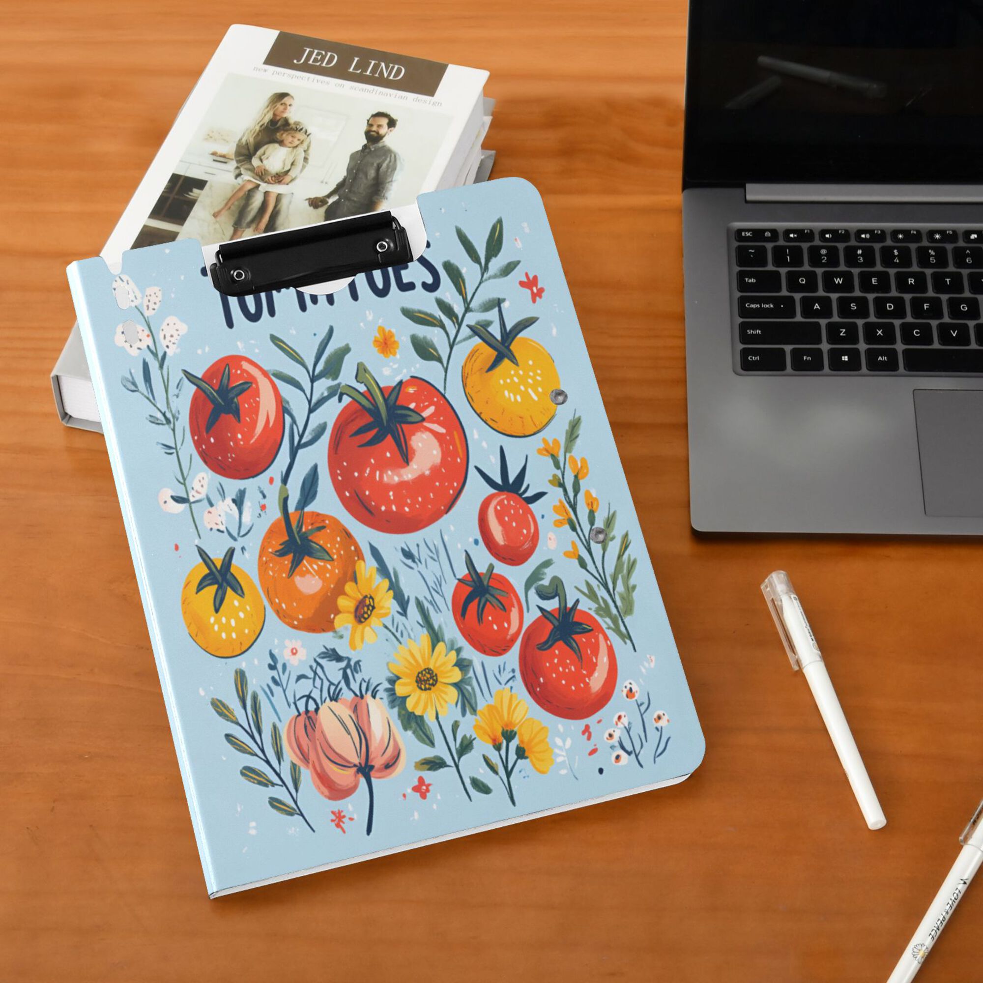 FORMRS A4 Clipboard Folder with Pen Holder Horizontal Foldable School Office Binder, Yellow Floral Tomatoes