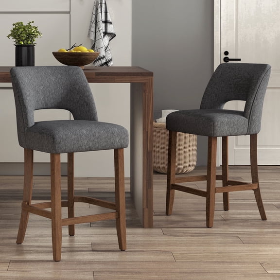 Vknow Furniture Bar Stools Set of 2, 26" Upholstered Counter Height Bar Stools, Modern Counter Stools with Wood Legs for Kitchen Island Dining Room Bar,Charcoal