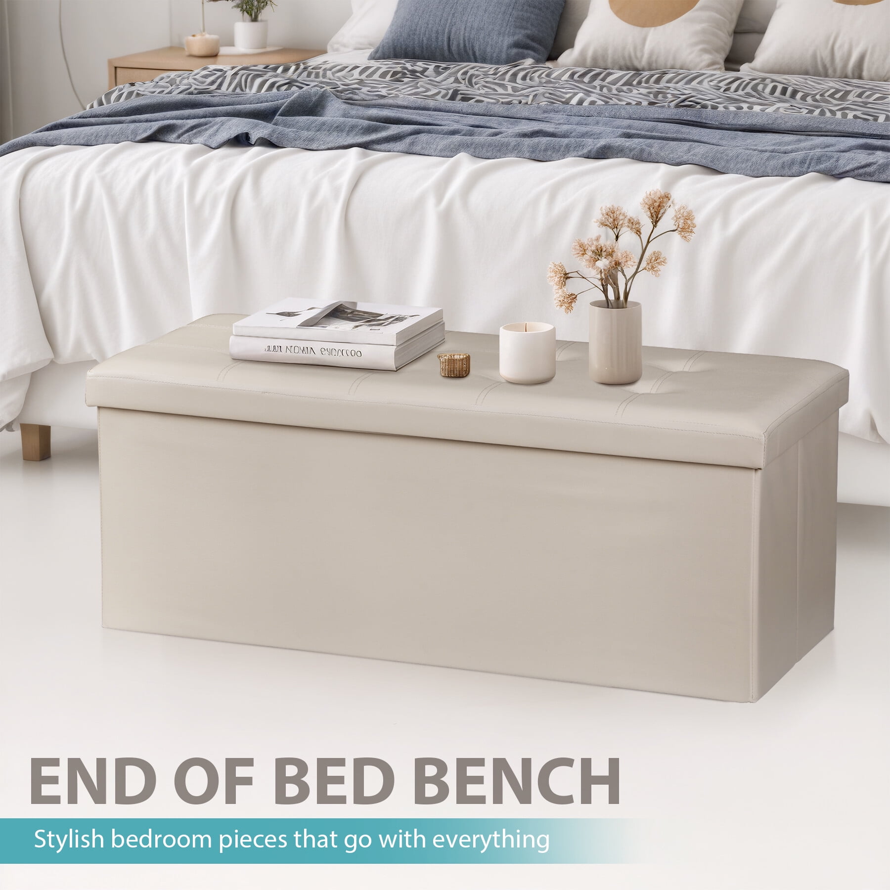 ZENY 43 Inch Folding Storage Ottoman Bench, Storage Chest, Footrest, Stool Bench for Living Room Bedroom Entryway, Holds up to 660 lb, Beige