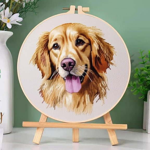 DIY Cross Stitch Kits Golden Retriever Easy for Beginners with Hoop 11CT Needlepoint Embroidery Counted Stamped Cross Stitch Set Craft Wall Decor 20x20cm(1)