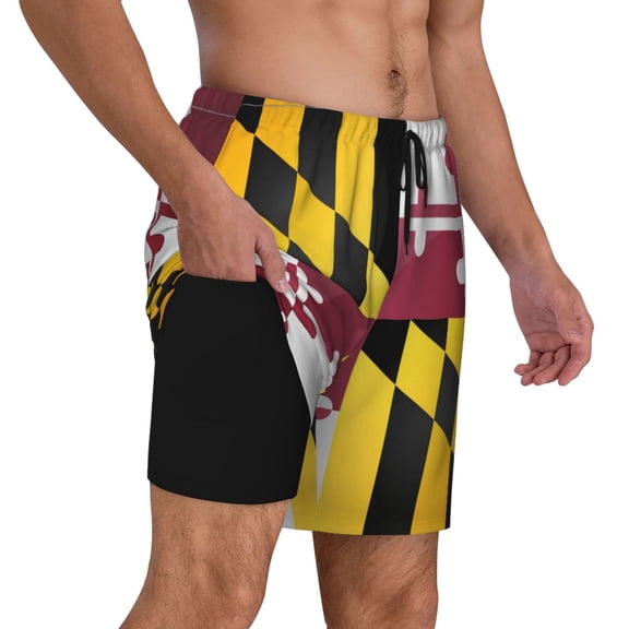 Mens Flag Of Maryland 2 in 1 Quick Dry Swim Trunks with Compression Liner Beach Shorts