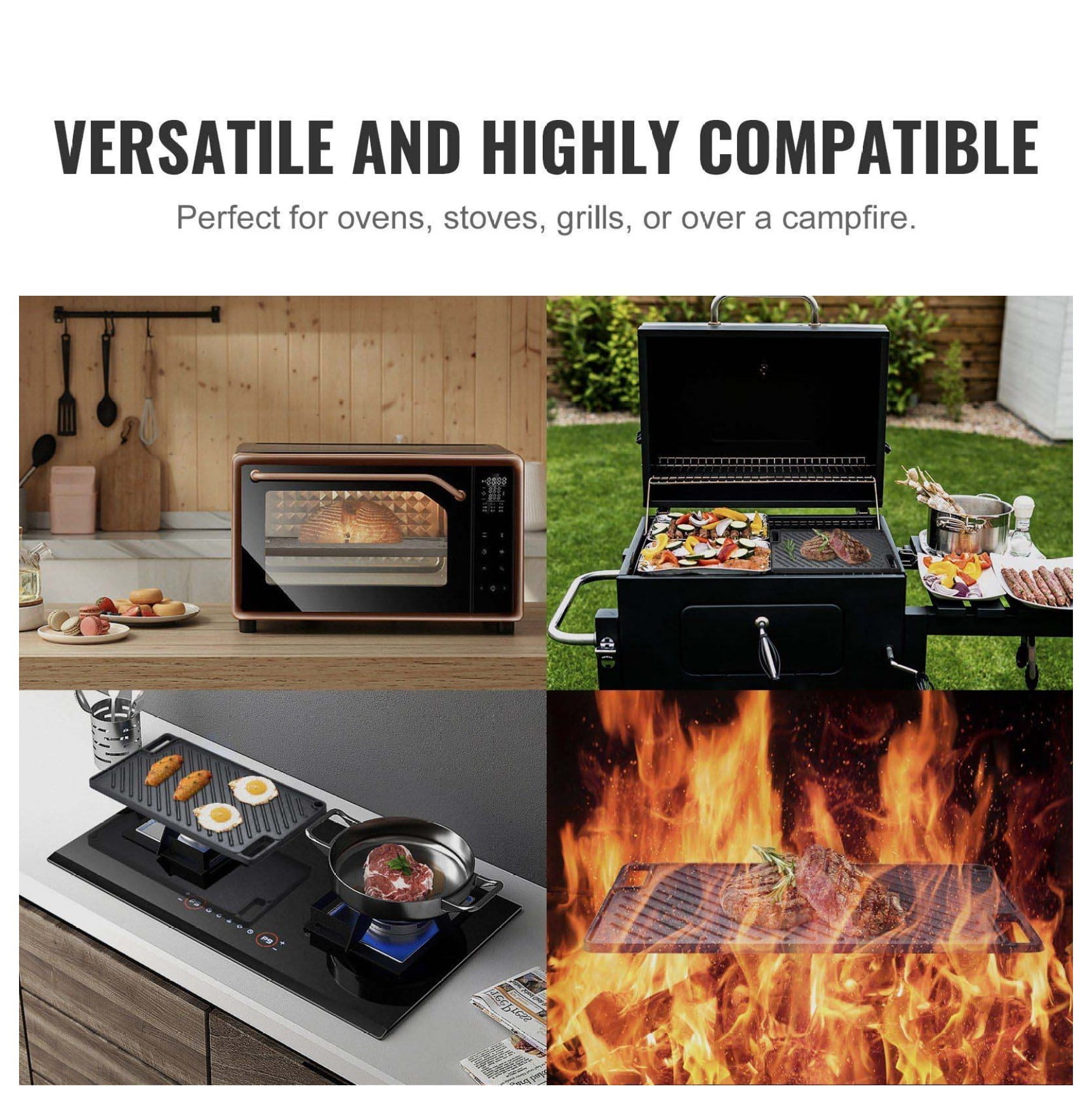 Cast Iron Griddle 9.7x16.7", Pre-Seasoned Double Burner Grill Pan, Non-Stick Flat Top for BBQ, Stove Top, Gas Grill - Black