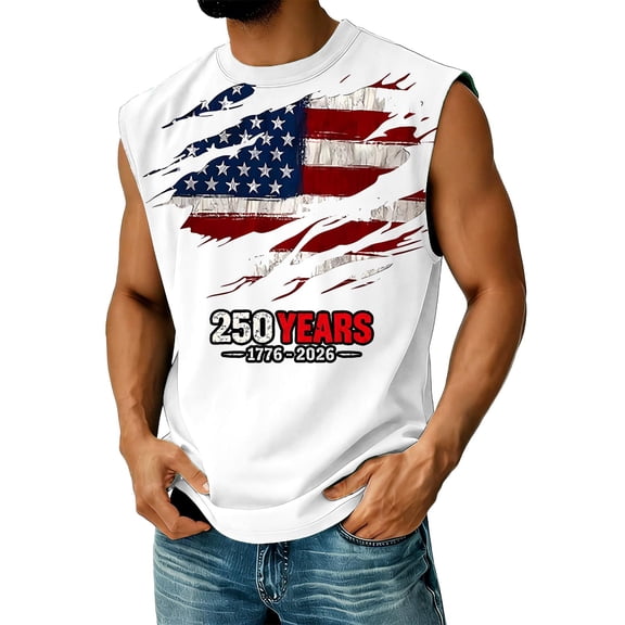 Hogleaql Usa Tank Top Men 4th Of July Usa Muscle American Flag Print Sleeveless Tank Tops Crewneck Patriotic Workout Fashion Shirts for Men White XL