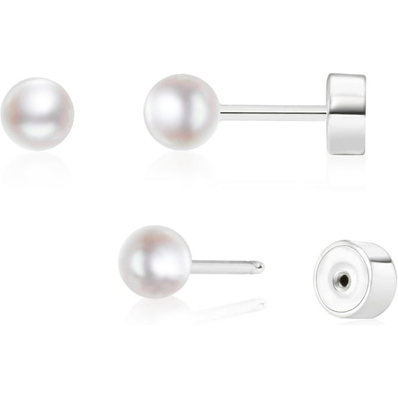 Threadless Flat Back Pearl Earrings, 14K Gold Plated Pearl Stud Earrings Hypoallergenic|Cartilage Earring|Helix Piercing Jewelry | Tragus Piercing Jewelry | Push in Flatback Earrings for Women Men