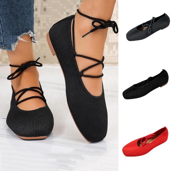 Miluxas Women's Knit Lace-Up Ballet Flats, Square Toe Ankle Tie Shoes, Soft Knit Fabric Mary Jane Flats for office, Casual Wear Red 9.5(43)
