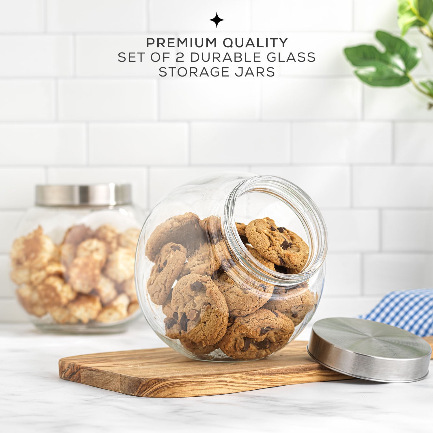 High Quality Cookie Jar 75.½ Ounce Glass Jar (2 Pack) With Plastic Air-tight  Sealed Screw-on Lid 2 Ways Display for Candies, Pretzels, Dry Food, Flour,  Sugar, Jelly Bean Jar Canister, Clear 