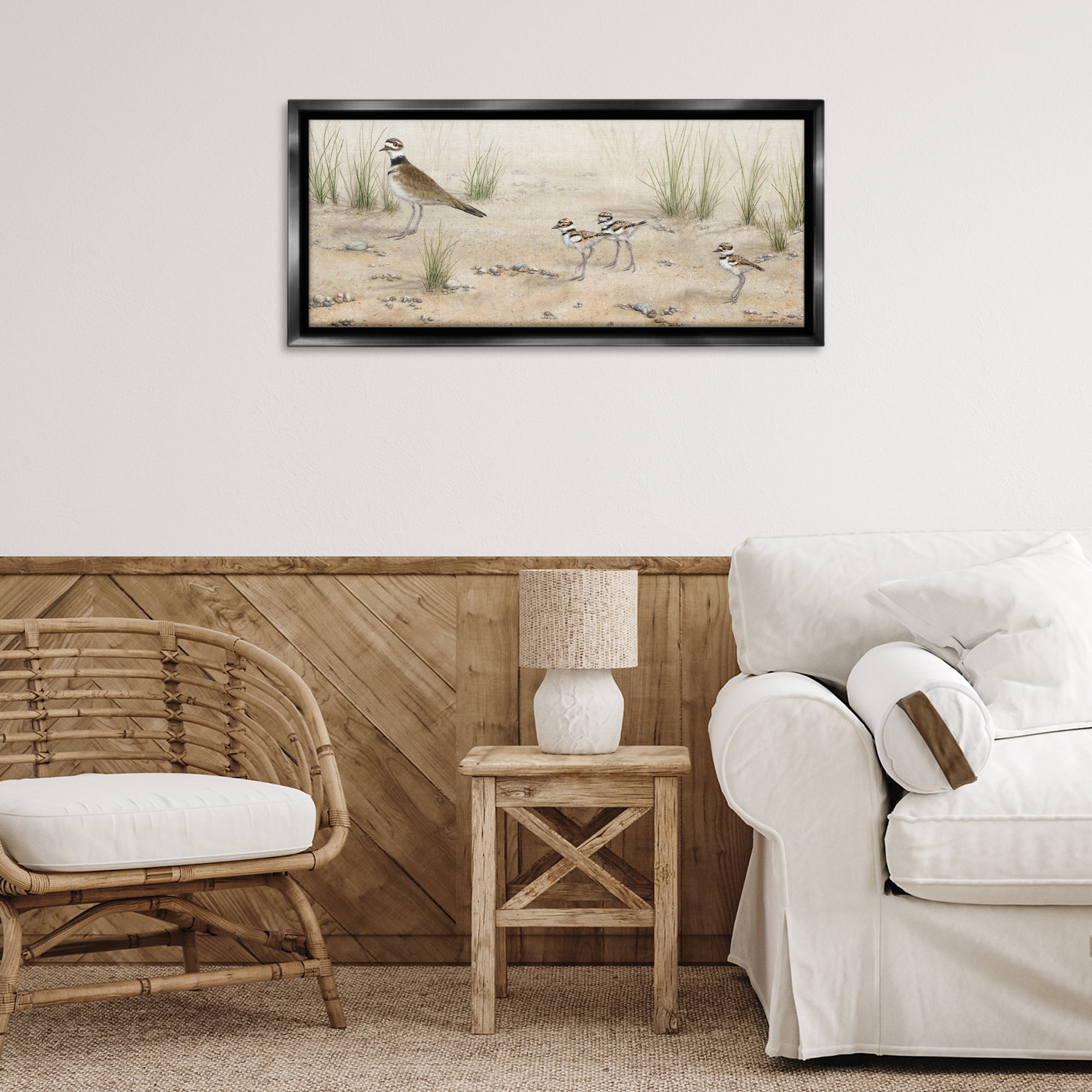 Stupell Industries Kildeer Birds Stepping Landscape & Nature Painting Black Floater Framed Canvas Art Print Wall Art, 31 x 14