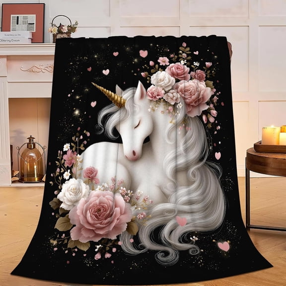 Verolix Soft Plush Throw Blanket, Unicorn Floral Art Fleece Throw, Lightweight Cozy Decorative Blanket for Sofa Bed Couch, 40 x 50 Inches