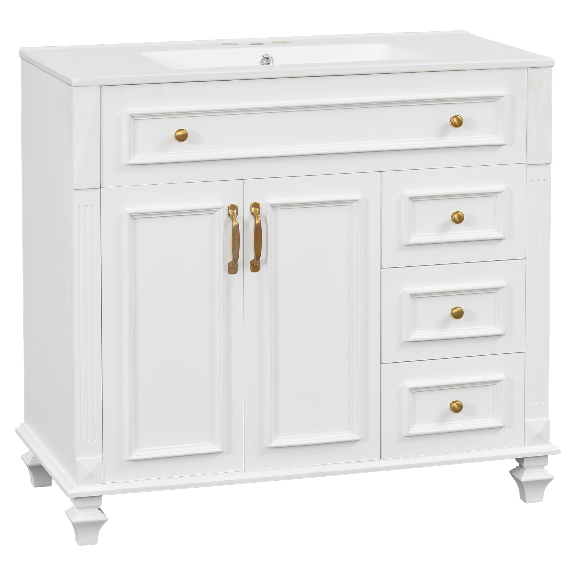 PORKISS 36" Bathroom Vanity with Ceramic Sink, Freestanding Bathroom Storage Cabinet with Flip-Out Drawer, 3 Drawers and 2 Doors, Wood Bathroom Vanity Cabinet with Gold Hardware, White