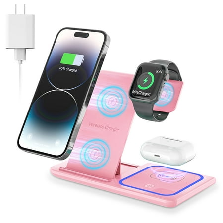 Wireless Charger, 18W 3 in 1 Wireless Charging Station for iPhone 15 14 13 12 Pro XR XS, Fast Charing Stand for Apple Watch 8/7/6/SE/5/4/3/2, AirPods 3/2/Pro, Samsung Galaxy S23 S22 S21 20(Pink)