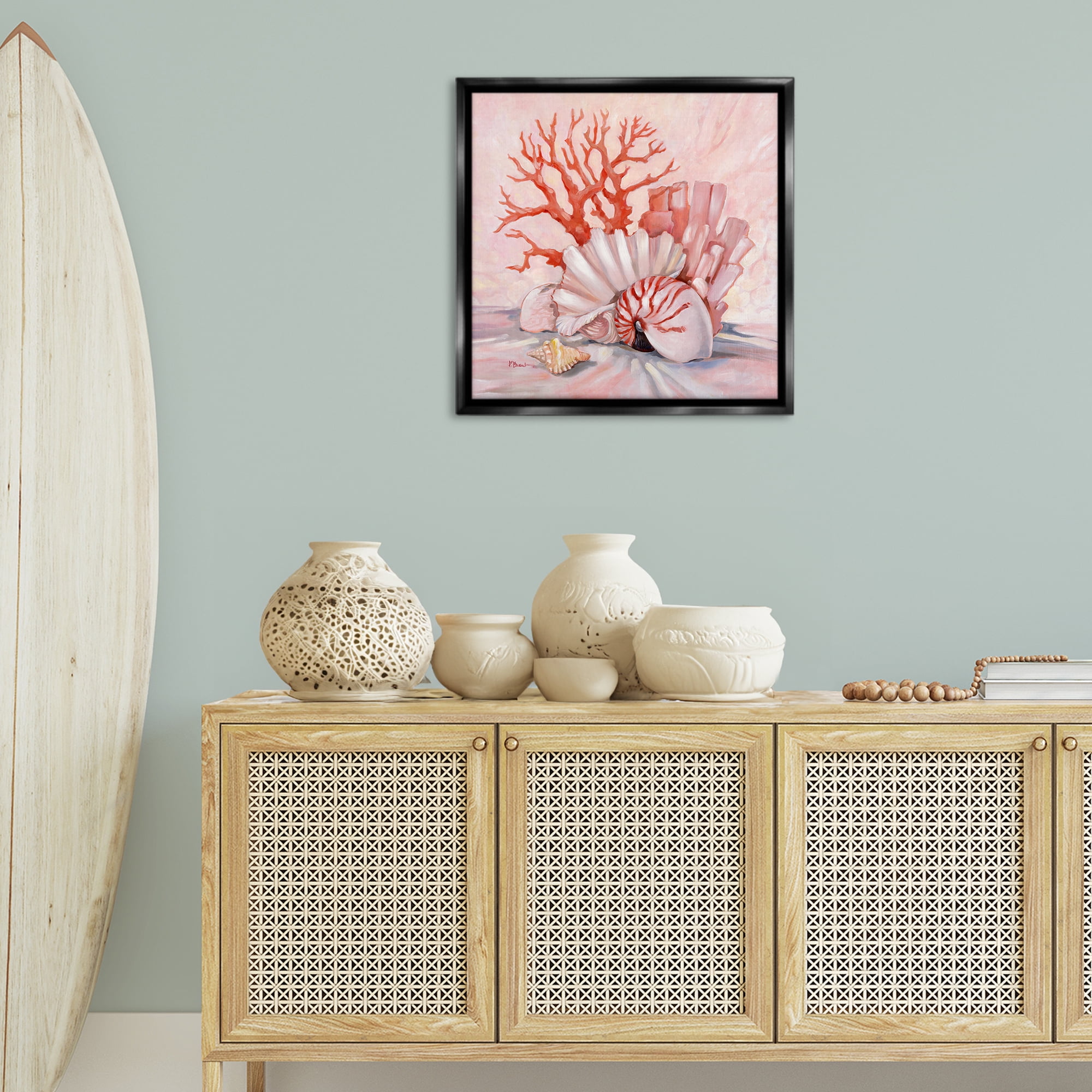 Stupell Industries Pink Coral Still Life Animals & Insects Painting Black Floater Framed Canvas Art Print Wall Art, 25 x 25