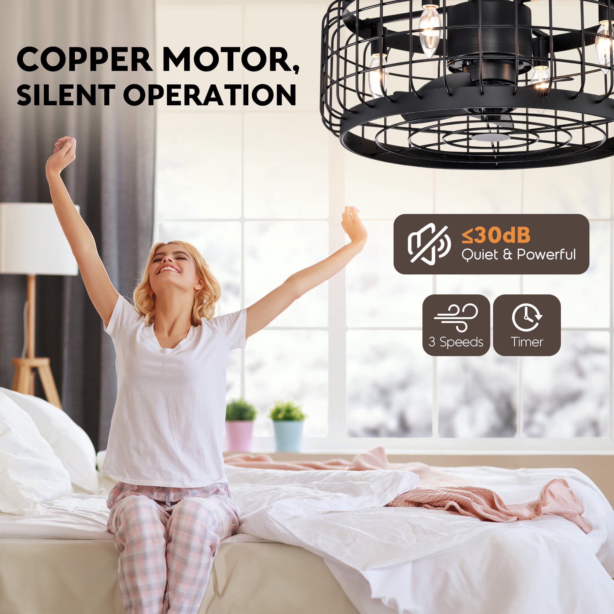 20"Aukfa Ceiling Fan with Light, Cage Ceiling Fan for Bedroom, Kitchen, Living Room with Timing,Black