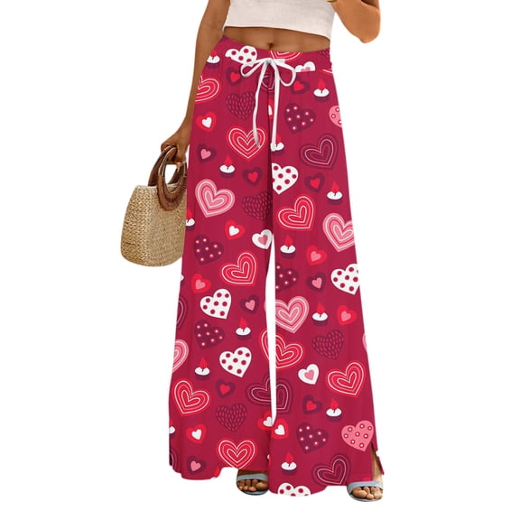 LWavelet Soft Fabric Heart Print Wide Leg Pants Women Valentine's Day Festive Wear Red XXL