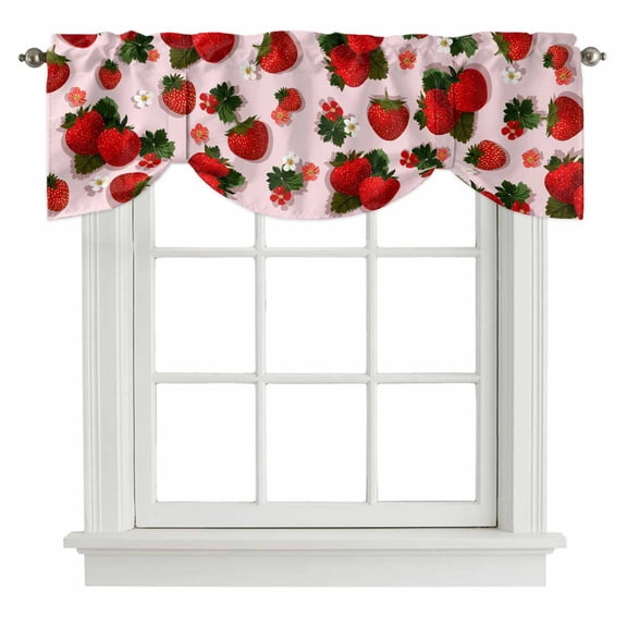Tie Up Valances for Windows, Pink Strawberry Adjustable Valance Curtains Window Treatment for Living Room, Spring Floral Watercolor Summer Botanical Rod Pocket Kitchen Curtains & Drapes 60x18 Inch
