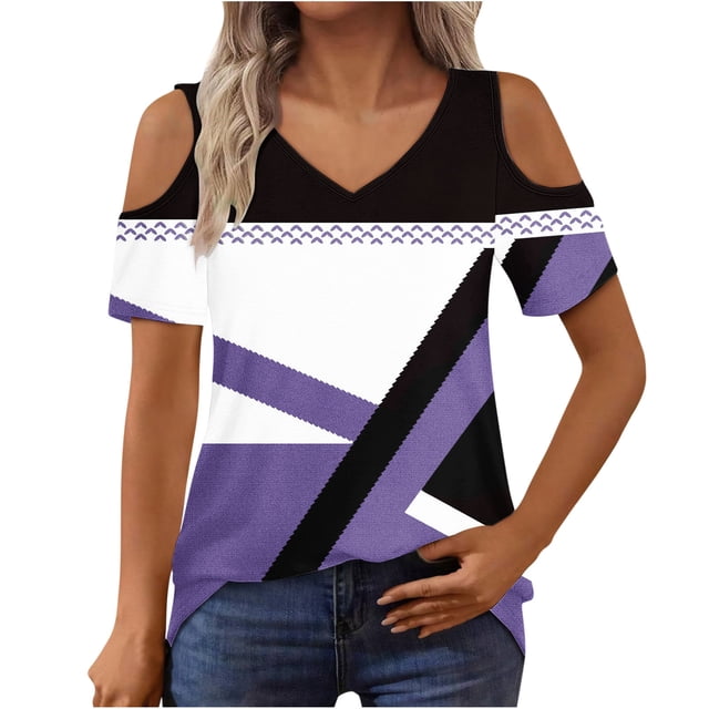 Puntoco Liquidación de blusas cortas para mujer, blusas estampadas para mujer, blusas de manga corta con escote en V y hombros descubiertos, blusas de moda