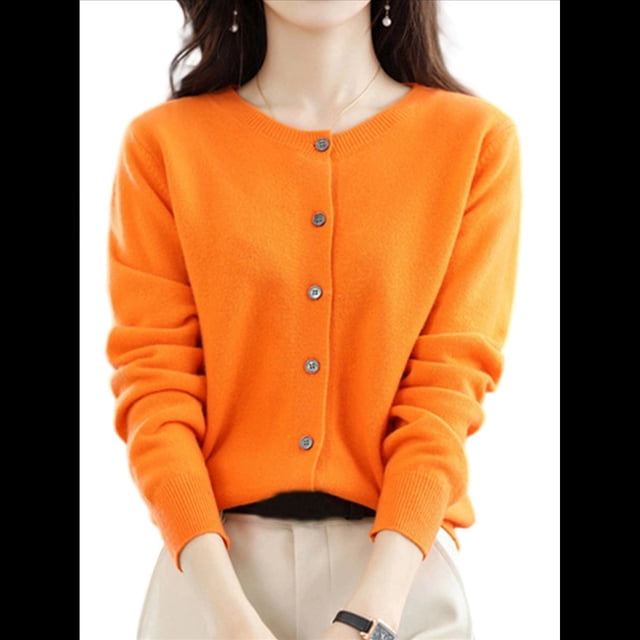 Suéter de Larga con Cuello Redondo de Color Liso para Mujer, Chaqueta de Punto Combinable para y Otoño Color Naranja M