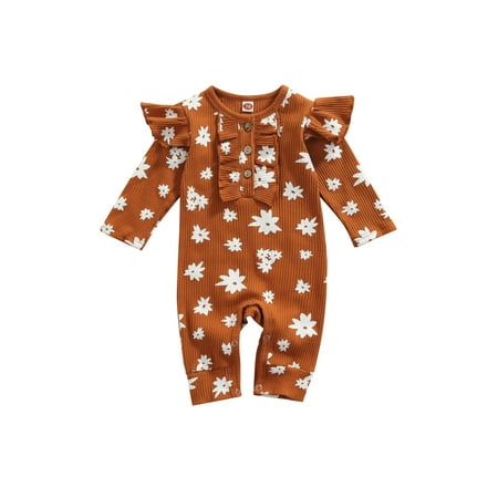 

Canrulo Newborn Baby Girl Long Sleeve Romper Ruffle Ribbed Jumpsuit Daisy Outfits Infant Fall Winter Set Ginger 6-12 Months