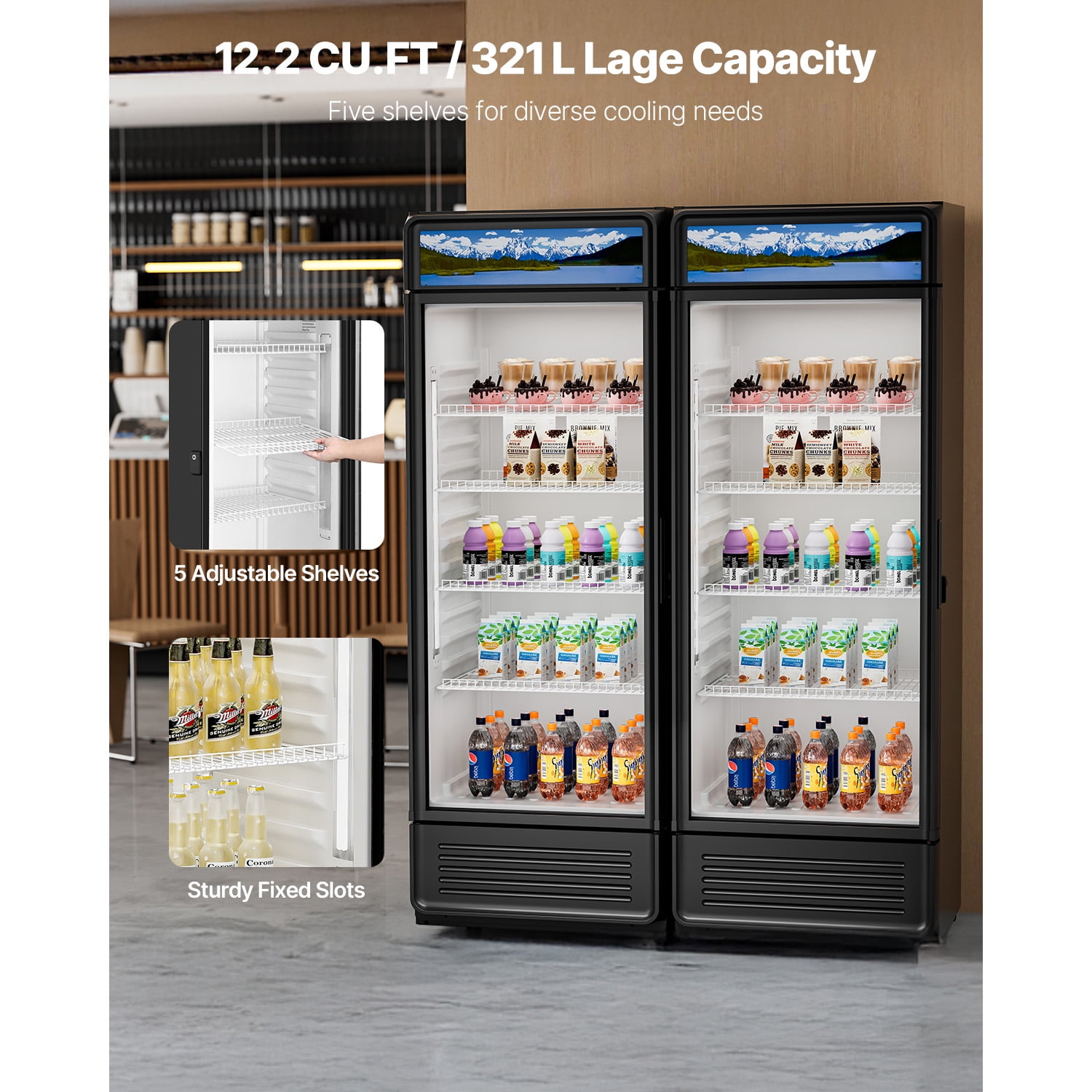 KFFKFF Commercial Merchandiser Refrigerator Single Glass Door 12.2 Cu ft , Display Beverage Cooler Merchandiser Customizable Lightbox