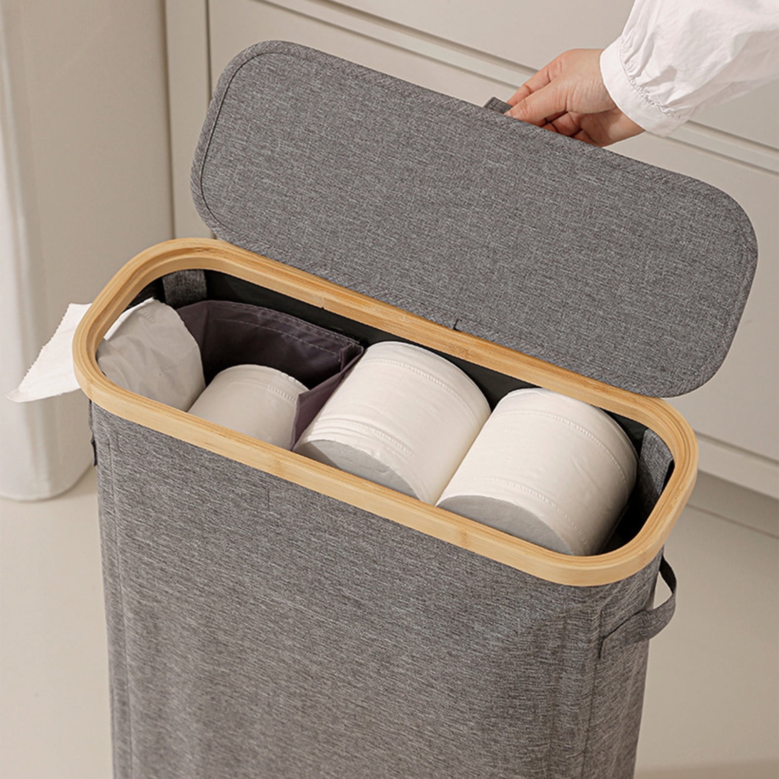 Laundry Basket with Lid, Narrow Laundry Hamper with Removable Bag, Skinny Dirty Clothes Basket with Handles for Bathroom, Bedroom (Gray)