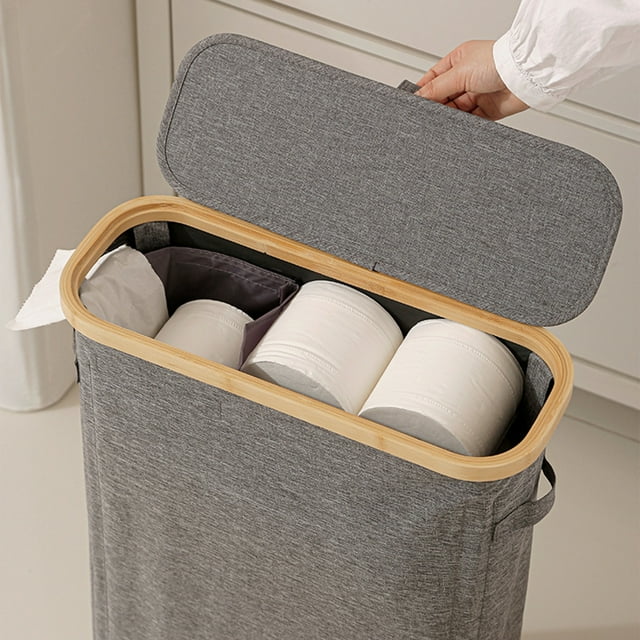 Ohmyroo Bamboo Tissue Roll Storage Basket - Foldable Toilet Paper Holder Organizer with Lid, Multipurpose Bathroom Sundries Storage Box for Countertop Organization