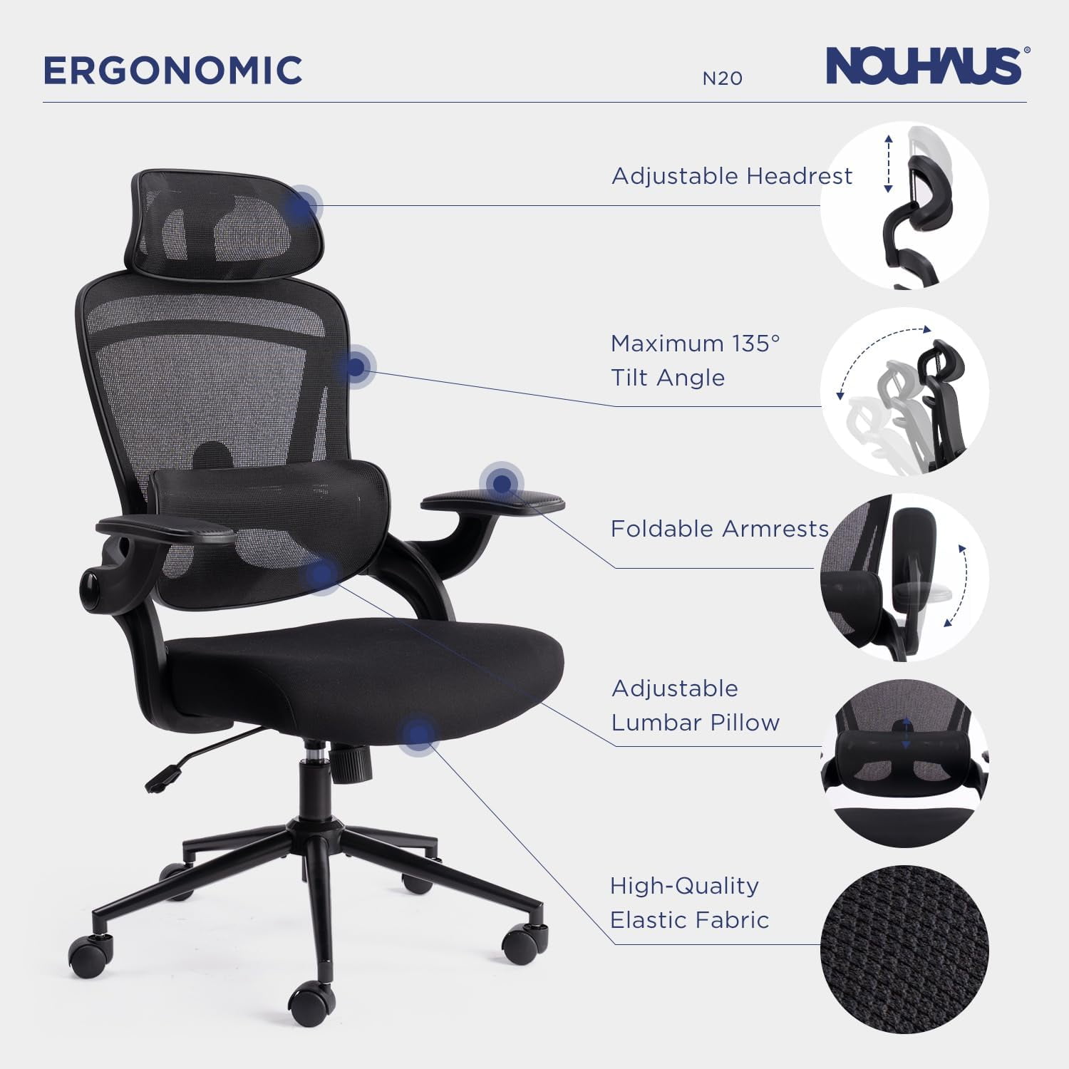 Nouhaus Ergo Fit High Back Ergonomic Mesh Office Chair with Adjustable Lumbar Support for Home Office & Study Room, Black