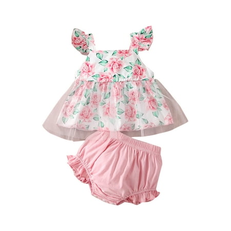 

TheFound 2PCS Baby Girls Summer Set Floral Print Ruffle Sleeveless Tank Top + Elastic Waist Lace Shorts Clothes