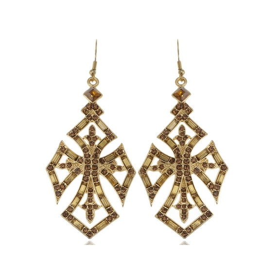 Alilang Antique Deep Topaz Crystal Rhinestone Cross Dangle Fishhook Earrings