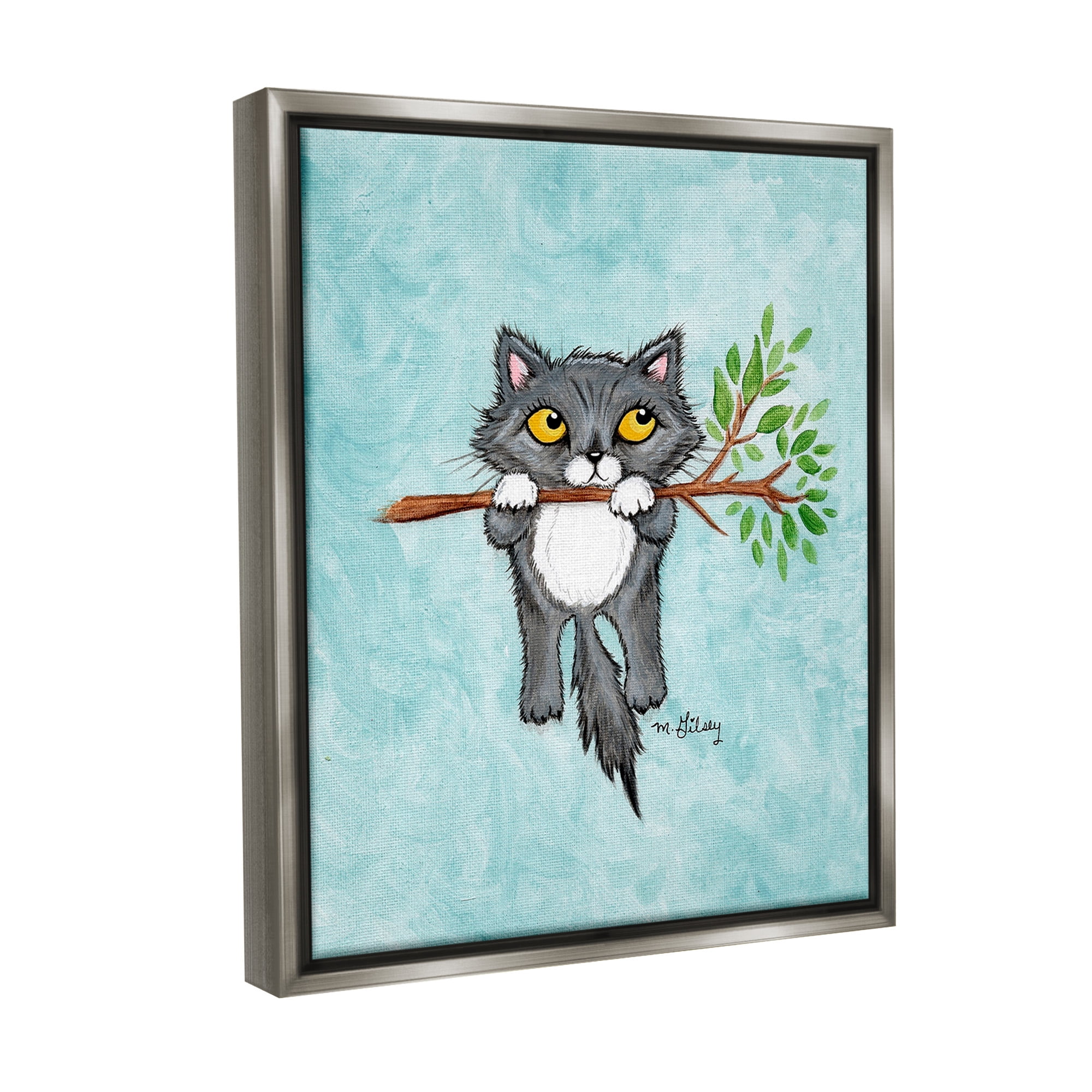 Stupell Industries Kitten Climbing Branch Animals & Insects Painting Gray Floater Framed Canvas Art Print Wall Art, 17 x 21