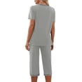 thumbnail image 6 of Women's V-Neck Pajama Set, Short Sleeve Top & Long Pants, Spring Summer Casual Sleepwear & Lounge Suit Gray 3XL, 6 of 6
