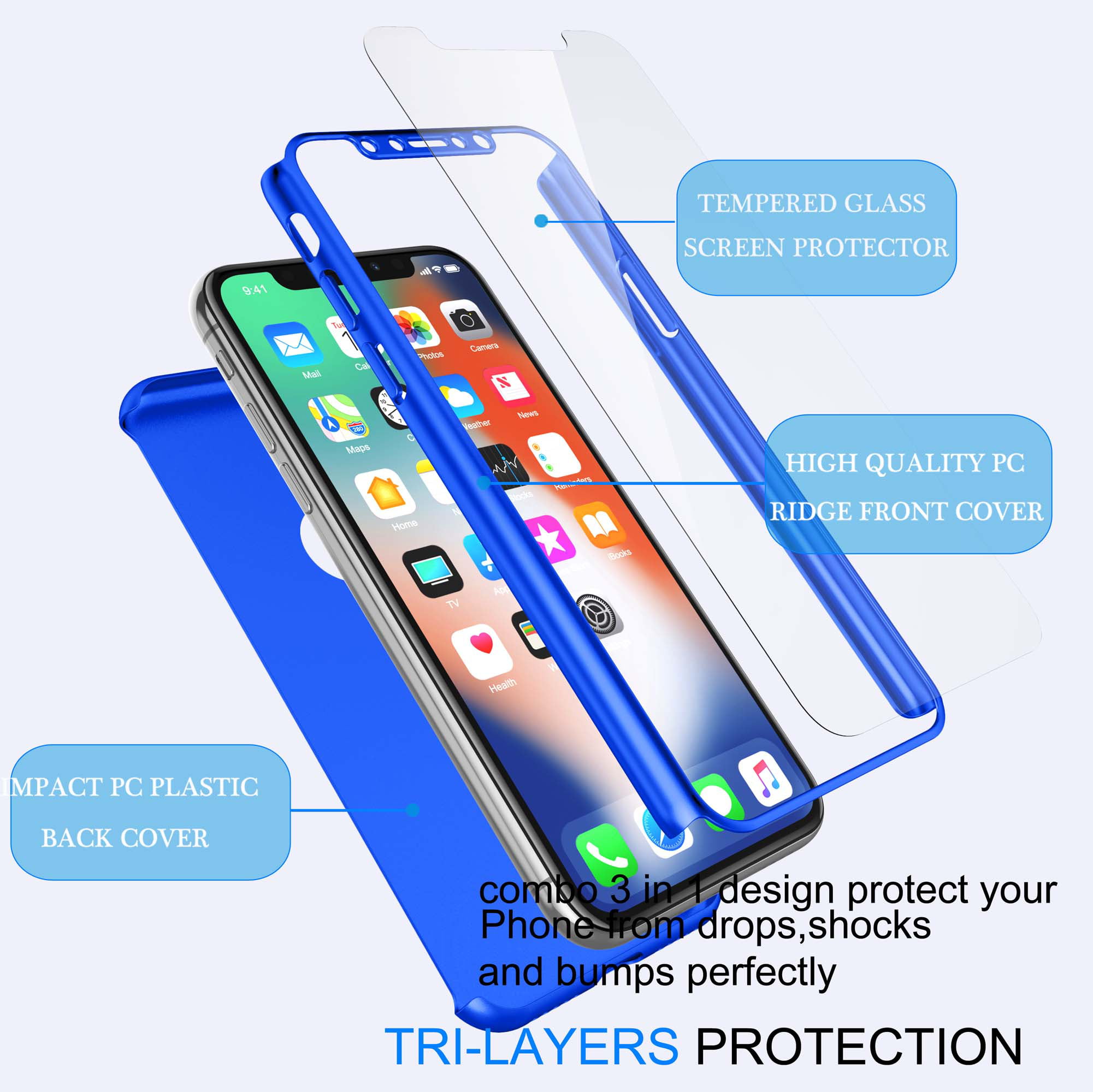 Blue Screen Protector 2 in 1 Plating Hard PC Mirror 360° Full Body Protection Ultra Thin Cover for iPhone Xs MAX Fantasydao Compatible/Remplacement for iPhone Xs Max Case 