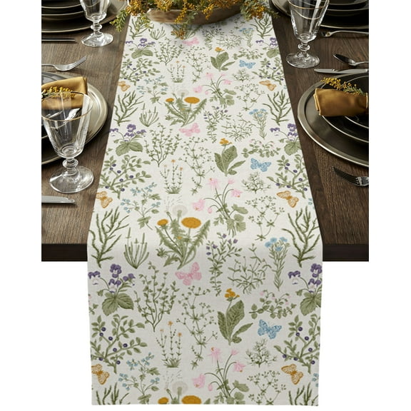 Table Runner Dresser Scarves 36 Inch Long, Herb Plants Botanical Leaves with Flower Linen Dining Table Runners Foliage Floral and Butterfly Tabletop Scarf for Wedding Holiday Party Kitchen