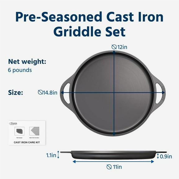 12 Inch Lightweight Pre-Seasoned Cast Iron Griddle - Smooth Polished Surface, Easy to Clean Cast Iron skillets Use in the Oven, on the Stove or Grill, Over a Campfire
