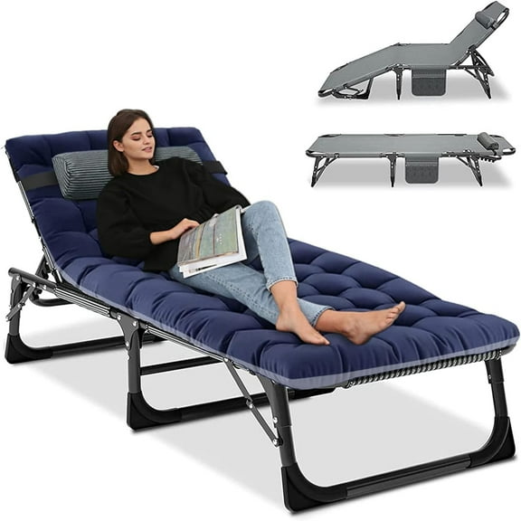 MOPHOTO Portable Reclining Lounge Chair, Adjustable Adults Reclining Folding Chaise with Pillow,Folding Camping Cot,Patio Lounge Chairs with Cushion for Camping, Pool, Beach, Patio