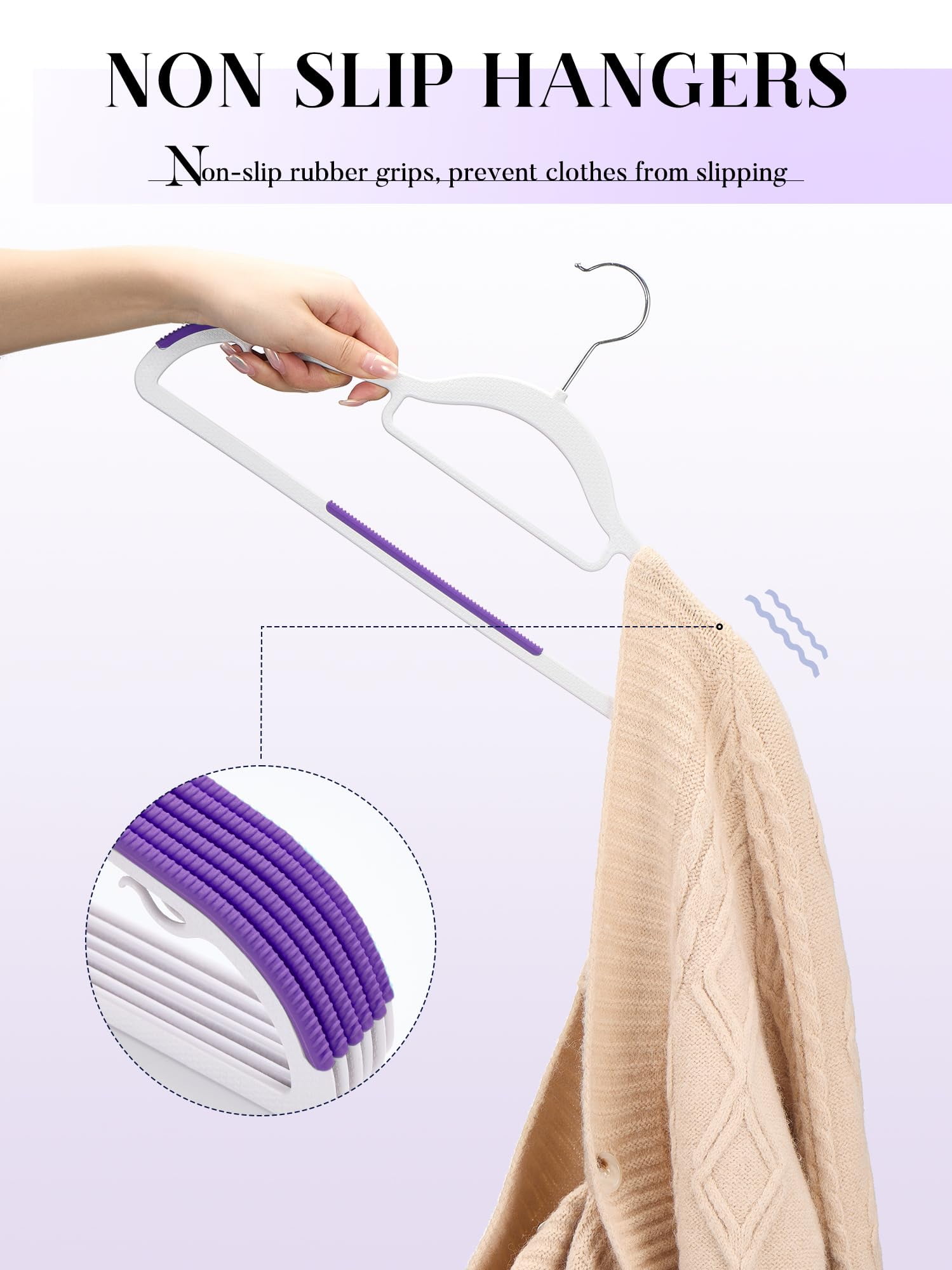 cozymood 50 Pack Coat Hangers Heavy-Duty 360° Swivel Hook Plastic Hangers with Non-Slip Design Space-Saving Light, Purple