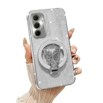 Fyxkocm for Samsung Galaxy A35 5G Case with Stand [Compatible with Mag Safe], Galaxy A35 5G Phone Case with Wrist Strap Shockproof Protective Soft Cover Bling Kickstand for Women Girls, Silver