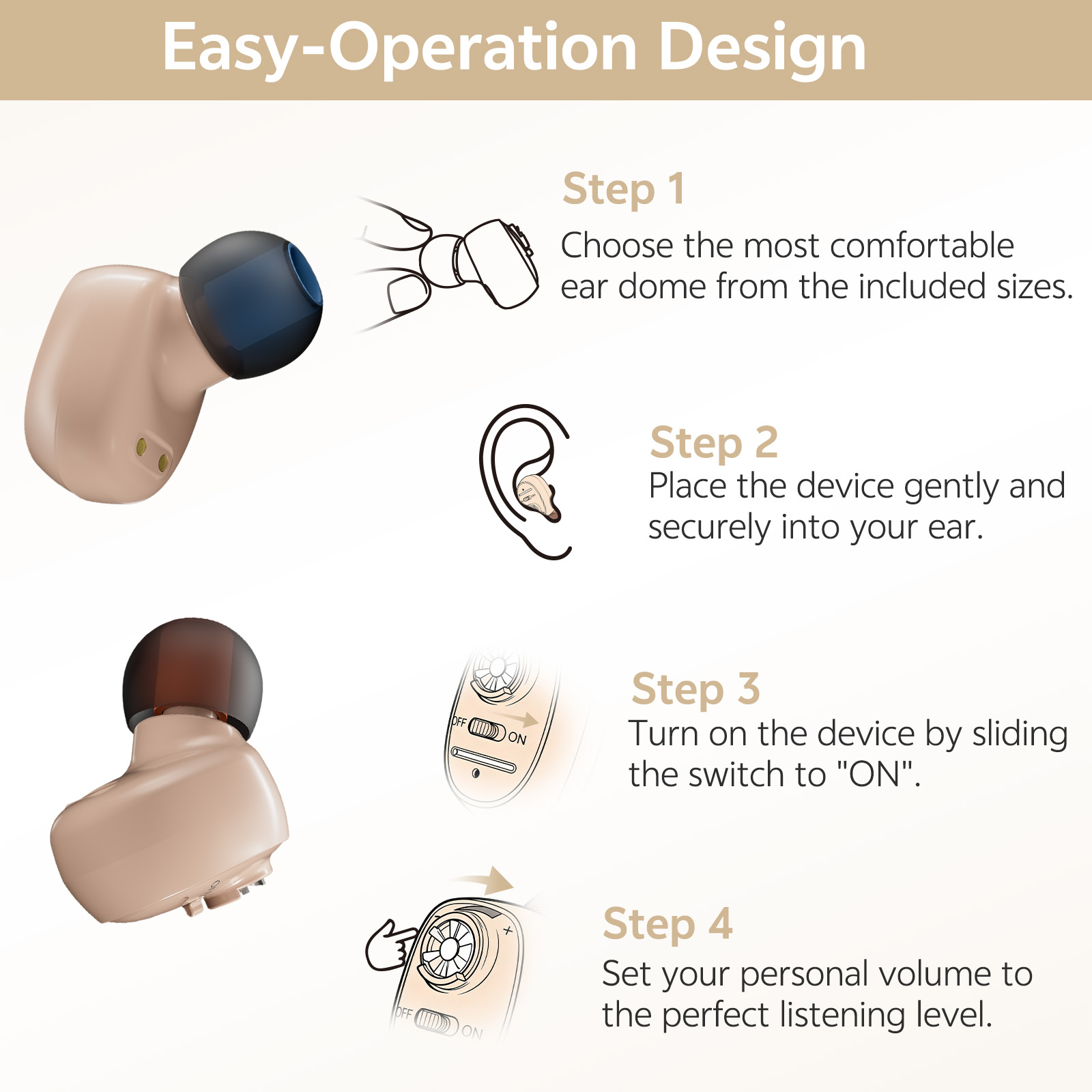 Delmicure Hearing Aids for Seniors Rechargeable with Noise Cancelling, Invisible, VHP-1607, Pair, Beige