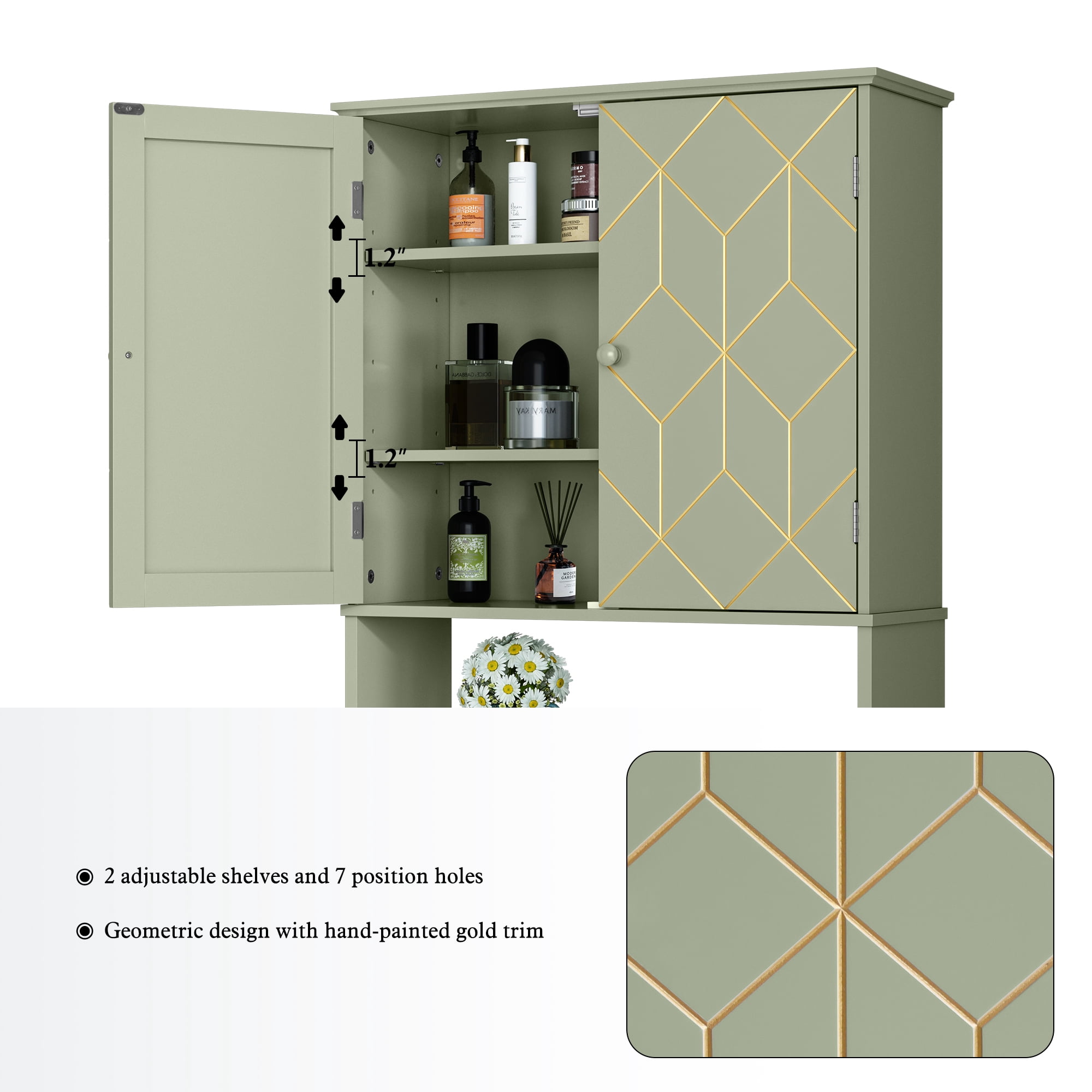 HLR Over The Toilet Storage Cabinet, Bathroom Above Toilet Storage Cabinet with Doors and Adjustable Shelves, Green