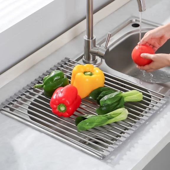 Foldable Stainless Steel Sink Drying Rack - Roll-Up Drain Mat for Kitchen