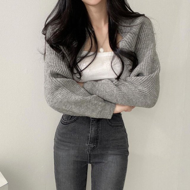 RWJDXD Cardigan Respirant pour Femmes Manches Évêque Automne Chandail Polyvalent Ultra Court à la Mode