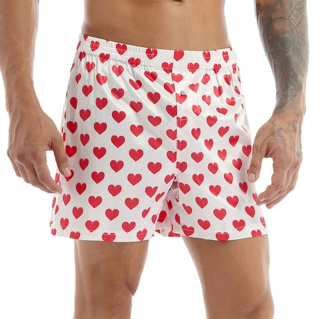 YONGHS Men's Love Heart Print Sexy Lingerie Silk Boxer Briefs, Lounge Trunks Shorts, Size L
