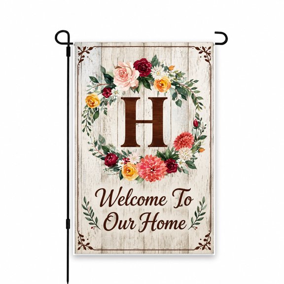 Welcome to Our Home Garden Flag 12x18 Inch, Floral Wreath Design with Colorful Blooms & Rustic Wood Background, Outdoor Decor for Garden, Yard, Porch