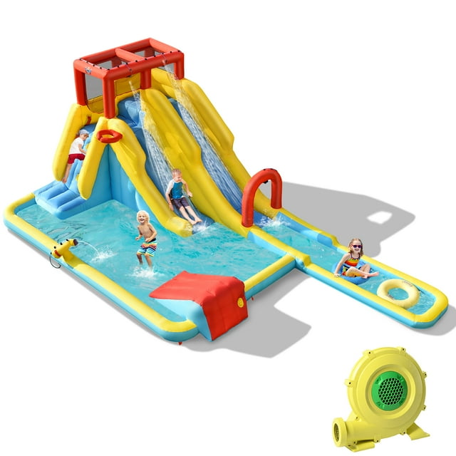 Costway 7 in 1 Inflatable Dual Slide Water Park Climbing Bouncer with 950W blower. Includes dual slides, a climbing wall, a basketball hoop, a water gun, and a swimming pool. Made from durable 420D and 840D Oxford cloth, it supports up to 3 children with a maximum weight capacity of 350 lbs. Features mesh netting for safety, inflatable accessories, ground stakes, and a carrying bag for easy transport.