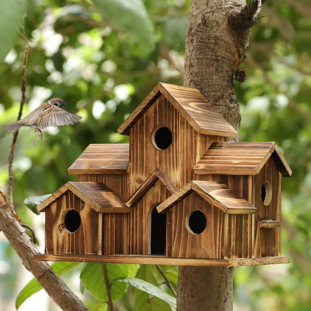 Casas para pájaros de madera para espacio libre para colgar en el exterior, casa para pájaros Natural hecha a mano con 6 agujeros para decoración de patio trasero/patio, grande