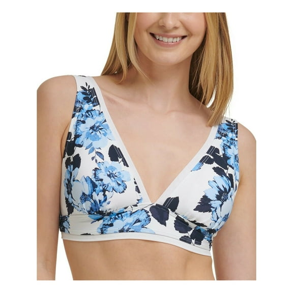 TOMMY HILFIGER Women's Navy Floral Deep V Neck Mesh Swimsuit Top XS