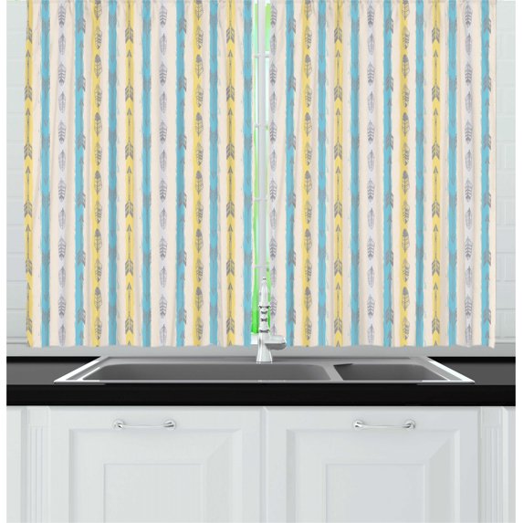 Tribal Kitchen Curtains, Vertical Stripes with Feather Motifs Bohemian, Two Panels Drapes with Rod Pocket Room Decor, 55" X 45", Champagne Sky Blue Camel, by Ambesonne