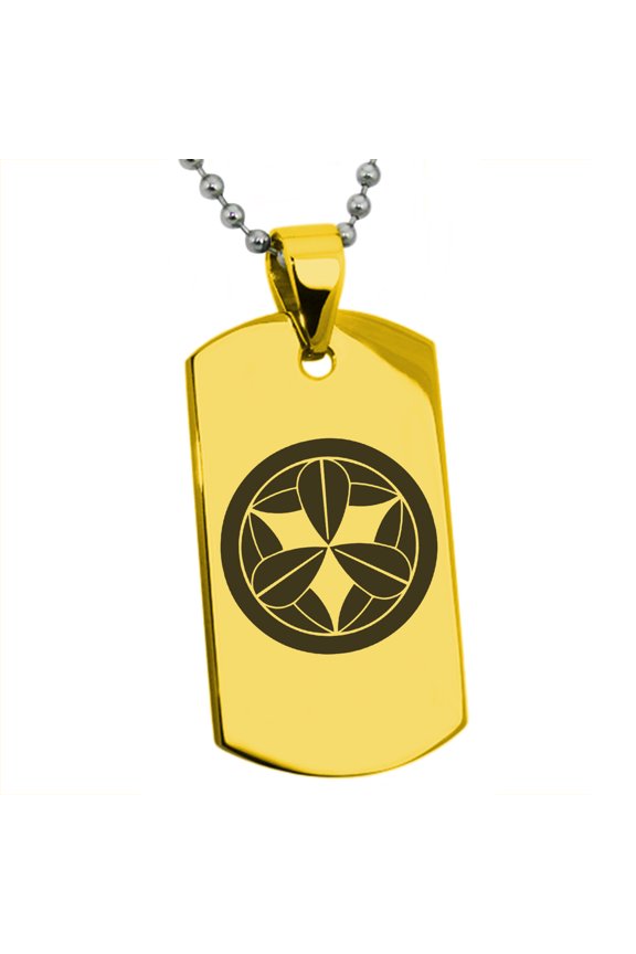 Stainless Steel Takenaka Samurai Crest Engraved Dog Tag Pendant Necklace