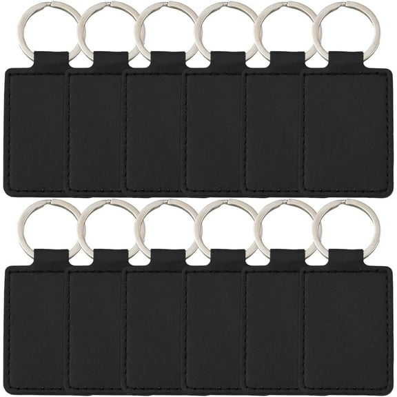 12PCS Black PU Leather Key Fob Holder Rectangular Leather Keychain Blanks with Iron Keyring Blank Double Side Key Pendant Charm Kits Bulk for DIY Craft Present Making Engraving Stamping