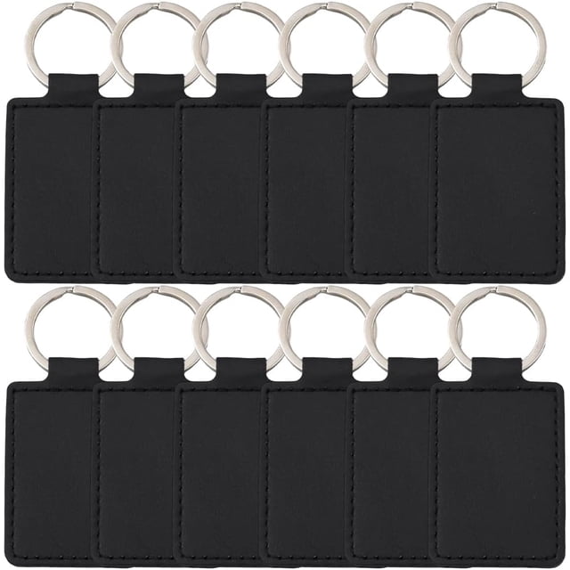 12 llaveros rectangulares de cuero sintético negro con llavero de hierro, de doble cara, con dijes y llaveros, a granel.