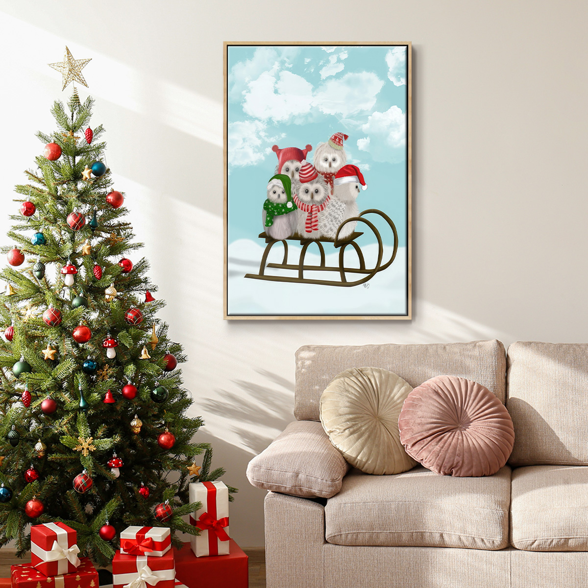 Christmas Christmas Owl Sled - Framed Gallery Wrapped Holiday Canvas - 25 x 37 - Natural Wood Frame