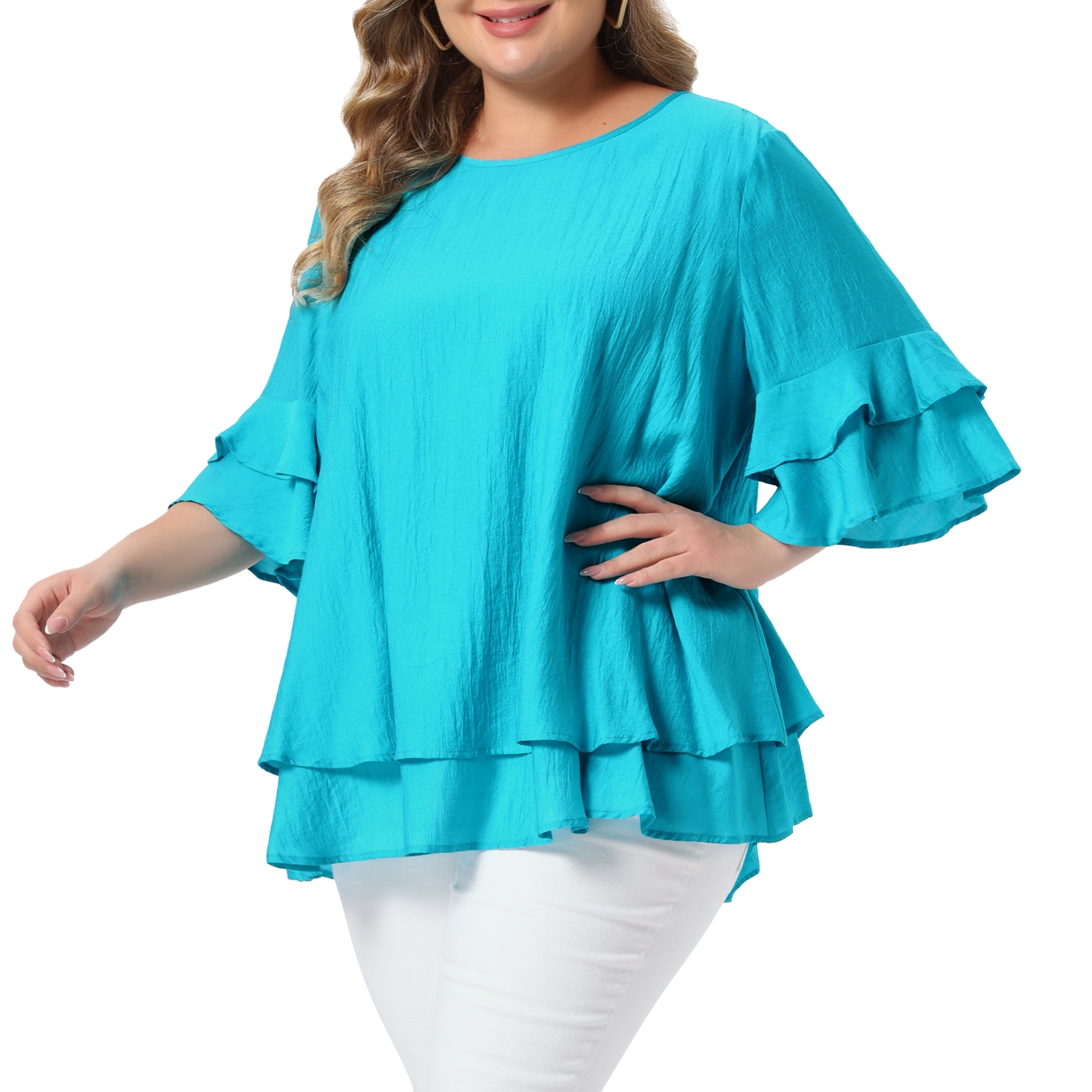DARING DIVA Women's Plus with Crew Neck and Ruffle Half Tops 2X Blue